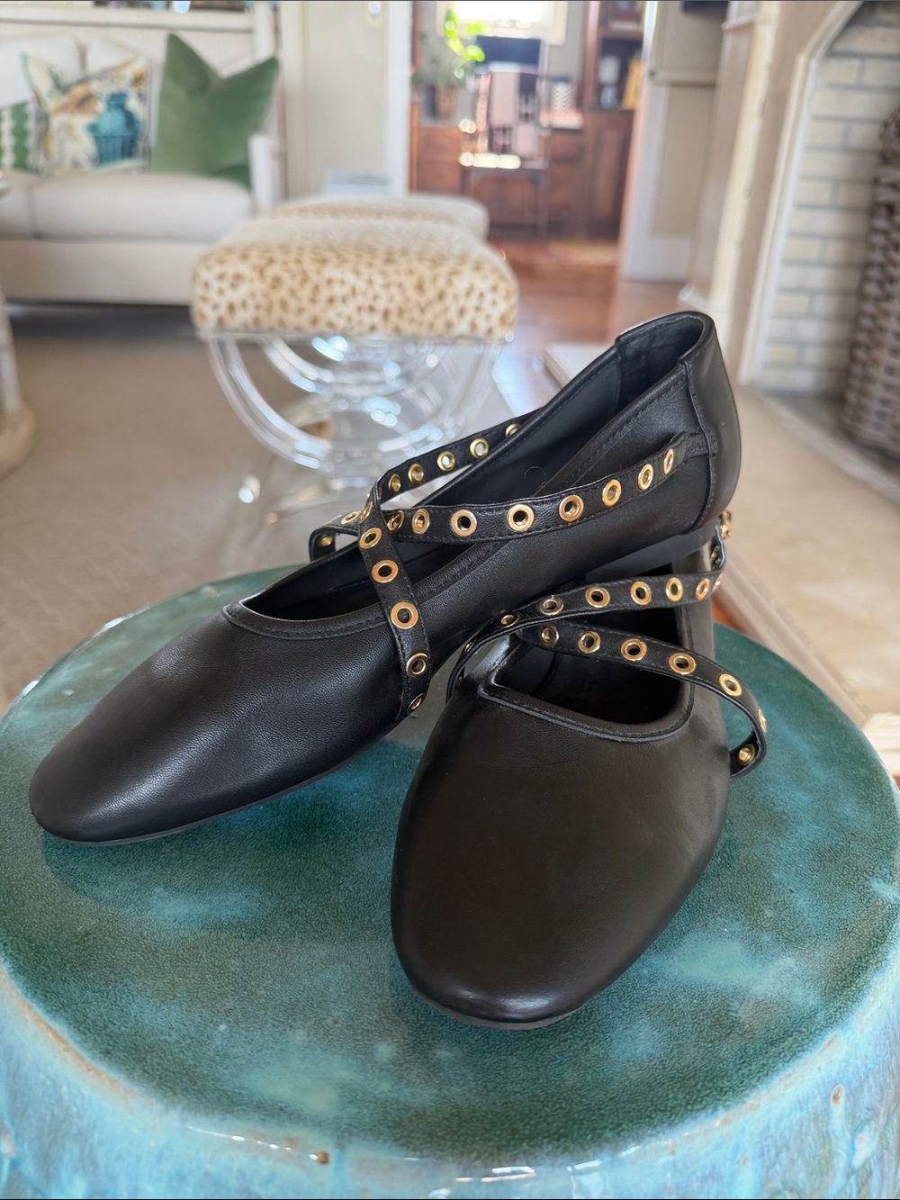 CECELIA NEW YORK Black Ballet Flats with Gold Eyelet Straps